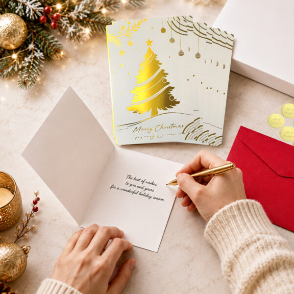 主图-3 Christmas Cards Set 5x7 – 16 Holiday Greeting Cards with Red Envelopes & Gold Seals, Elegant Gold Foil Christmas Tree Design, Premium 350 GSM Cardstock, Printed Message Inside, Boxed for Easy Storage