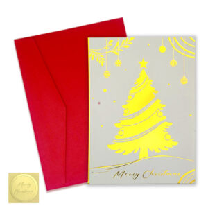 烫金主图-1 Christmas Cards Set 5x7 – 16 Holiday Greeting Cards with Red Envelopes & Gold Seals, Elegant Gold Foil Christmas Tree Design, Premium 350 GSM Cardstock, Printed Message Inside, Boxed for Easy Storage
